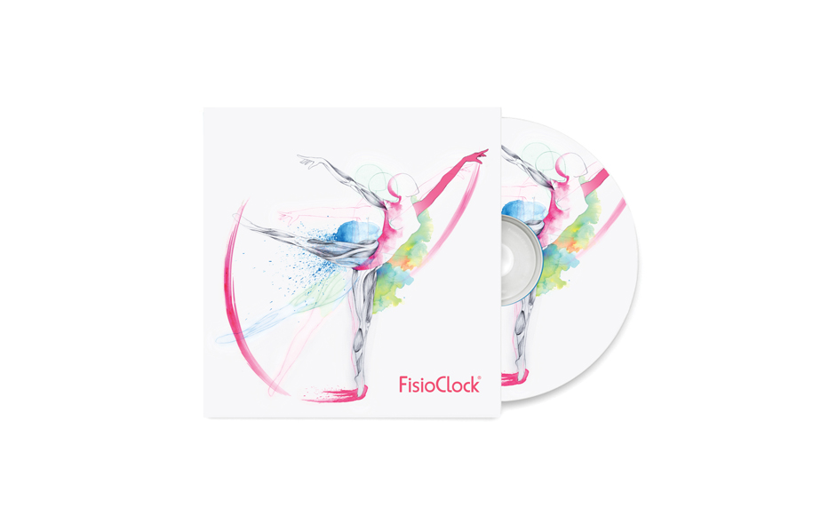 Ejemplo del proyecto de desarrollo de branding e imagen corporativa realizado para FisioClock en el estudio de diseño gráfico e identidad corporativa LN Creatividad y TecnologÃ­a, diseño de packaging, CD.