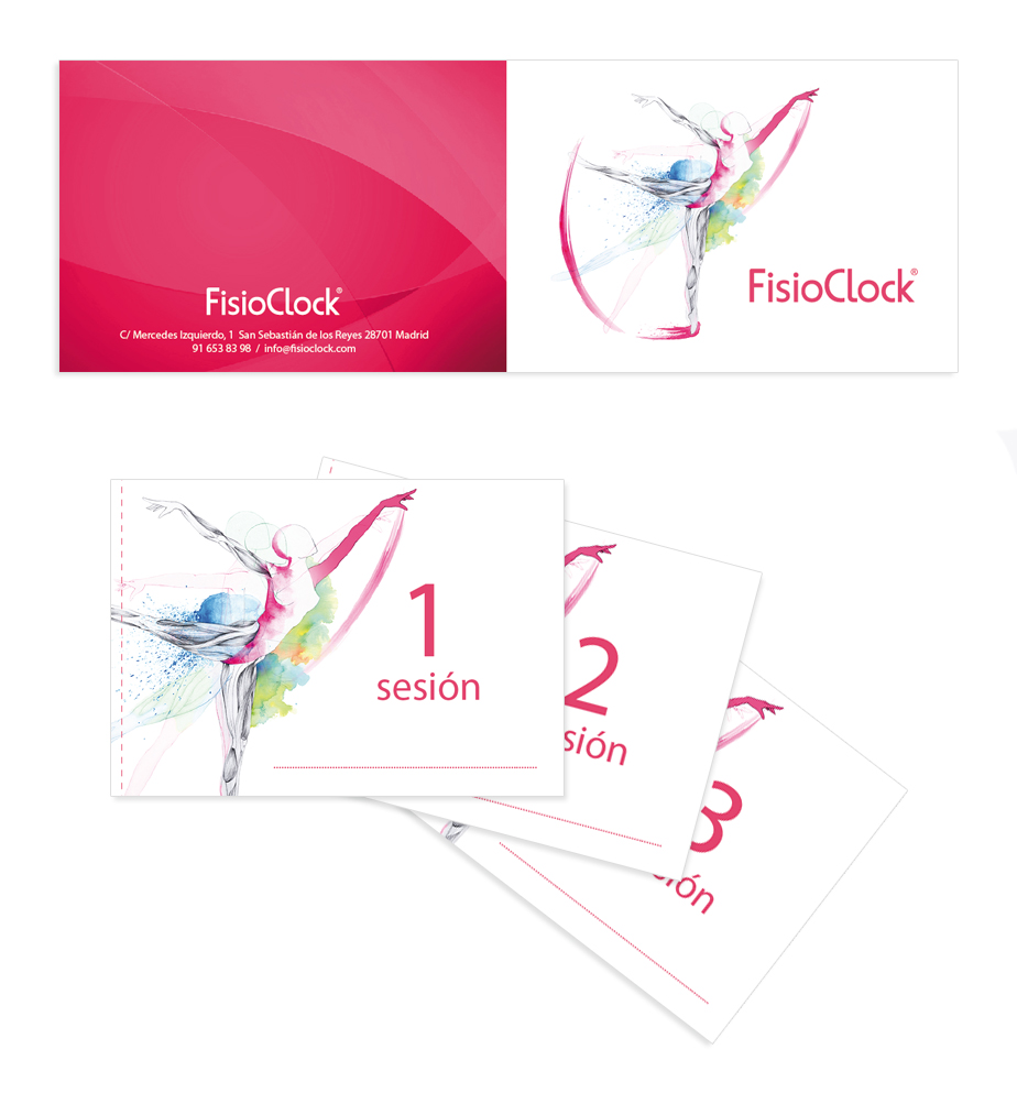 Ejemplo del proyecto de desarrollo de branding e imagen corporativa realizado para FisioClock en el estudio de diseño gráfico e identidad corporativa LN Creatividad y Tecnología, diseño de tickets bonos.