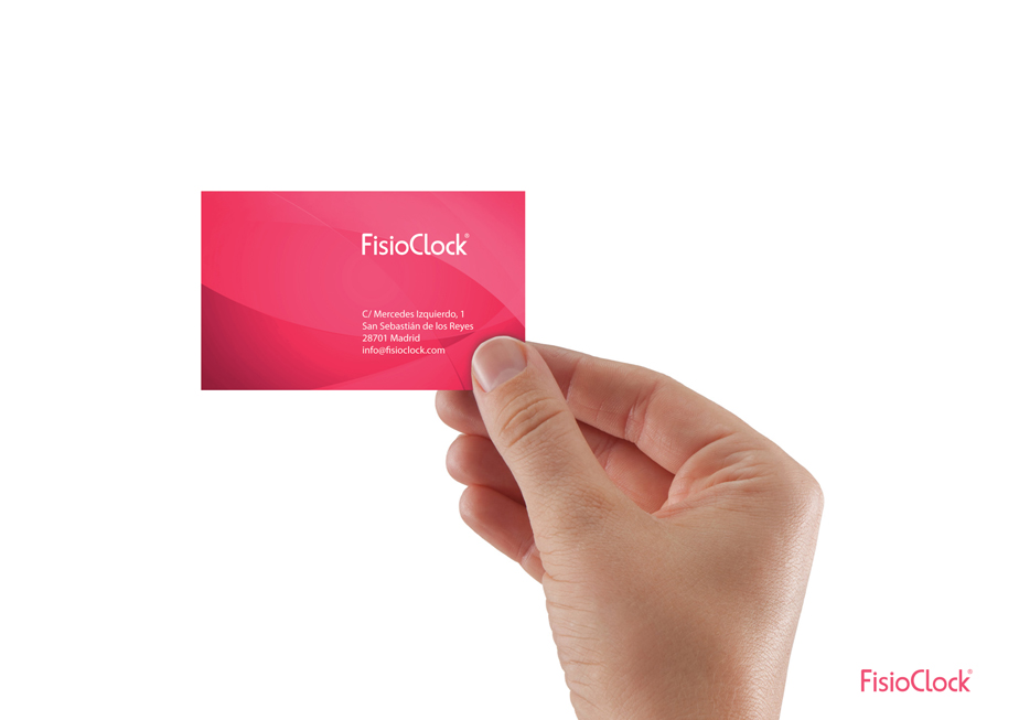 Ejemplo del proyecto de desarrollo de branding e imagen corporativa realizado para FisioClock en el estudio de diseño gráfico e identidad corporativa LN Creatividad y TecnologÃ­a, tarjeta de visita.