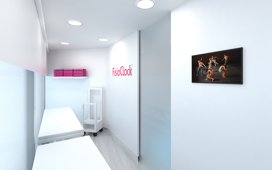Imagen en 3D del interior de un box del proyecto de branding y desarrollo de imagen corporativa realizado para FisioClock en el estudio de diseño gráfico e identidad corporativa LN Creatividad y Tecnología.
