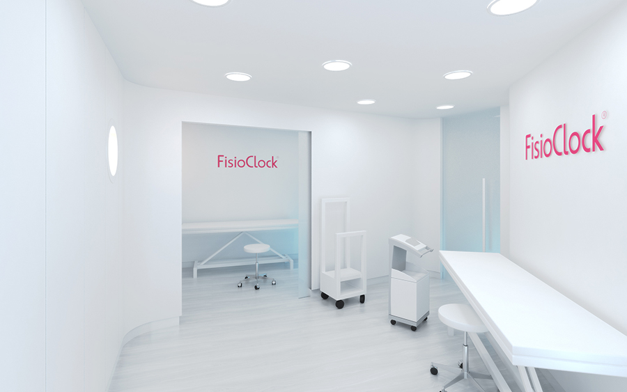Imagen en 3D del interior de una sala de fisioterapia del proyecto de branding y desarrollo de imagen corporativa realizado para FisioClock en el estudio de diseño gráfico e identidad corporativa LN Creatividad y Tecnología.