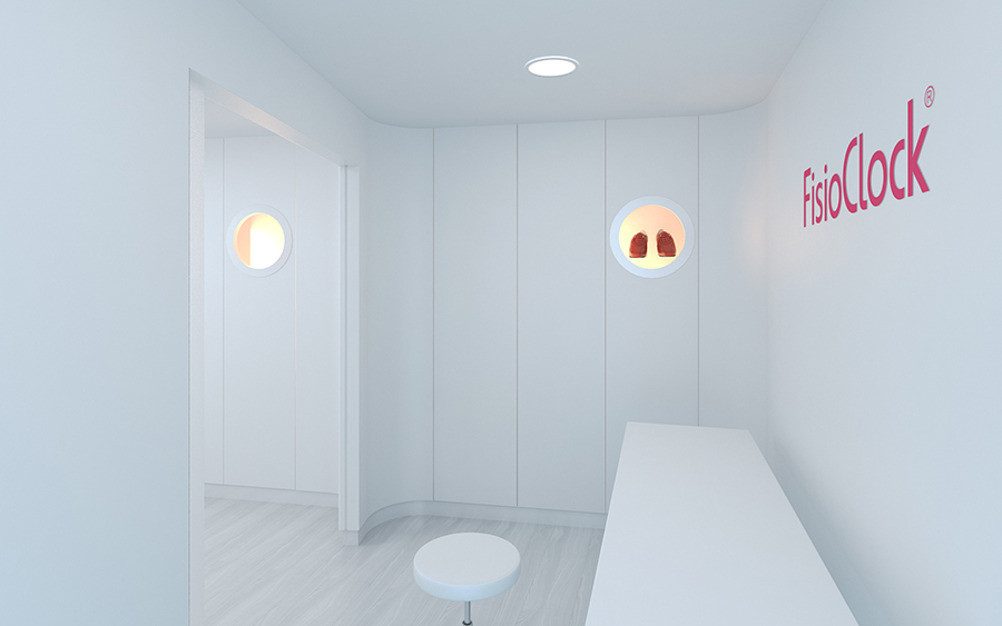 Imagen en 3D del interior de una sala con camilla del proyecto de branding y desarrollo de imagen corporativa realizado para FisioClock en el estudio de diseño gráfico e identidad corporativa LN Creatividad y TecnologÃ­a.