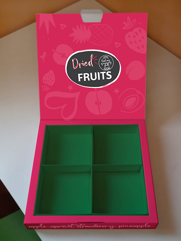 Diseno packaging caja de frutas deshidratadas Jarosa Foods, caja abierta