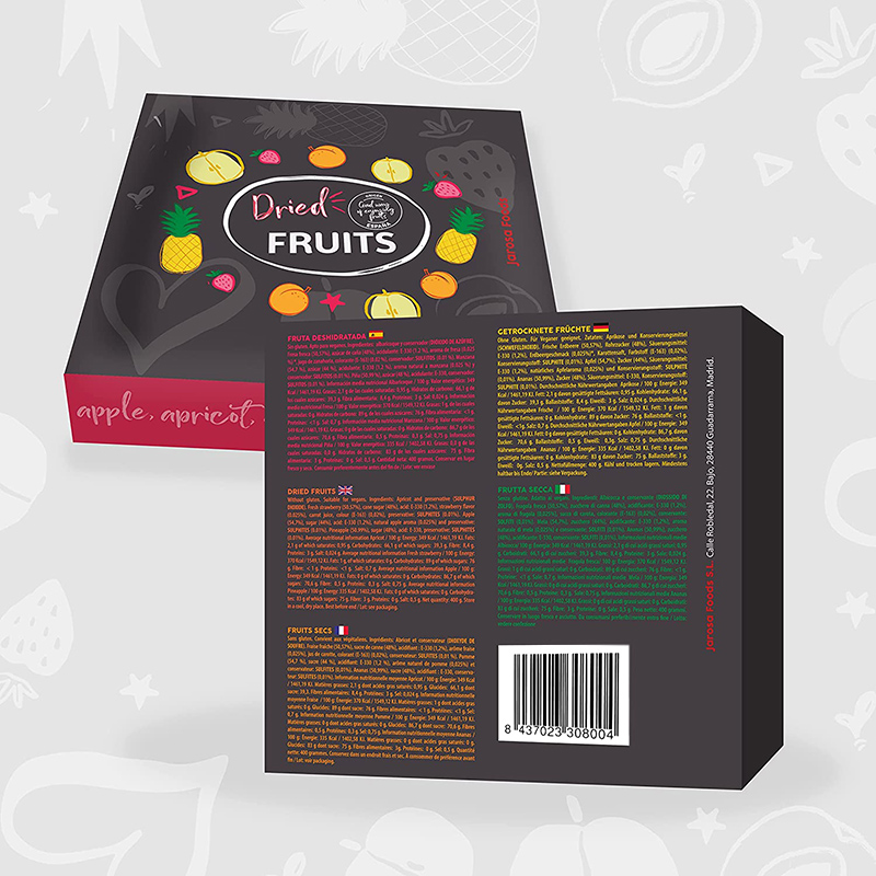 Diseno packaging caja de frutas deshidratadas Jarosa Foods, vista frontal y trasera
