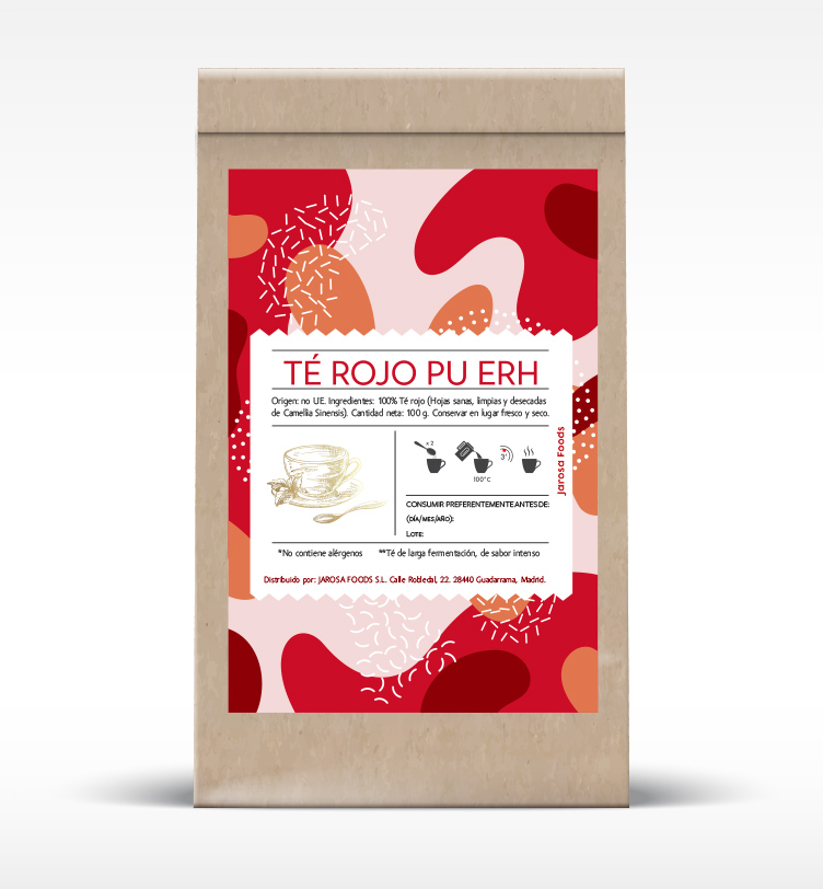Diseno de packaging, diseÃ±o de bolsa de TÃ© Rojo Pu Erh para Jarosa Foods