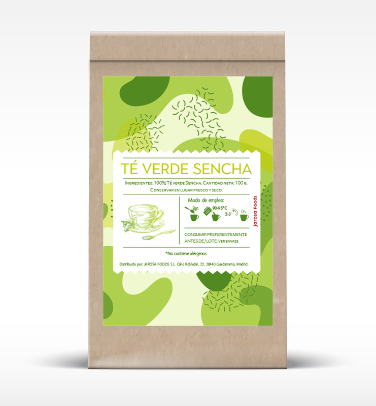 Diseno de packaging, diseÃ±o de bolsa de TÃ© Verde Sencha para Jarosa Foods