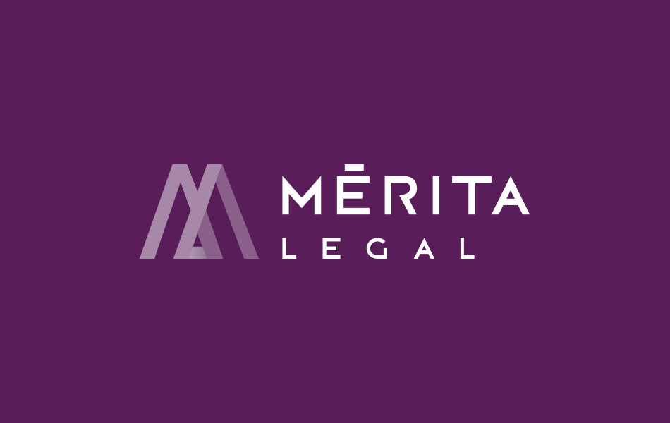 Identidad corporativa, diseño del logotipo del despacho de abogados MÃ©rita Legal en versiÃ³n horizontal sobre fondo de color, imagen corporativa de la marca MÃ©rita Legal