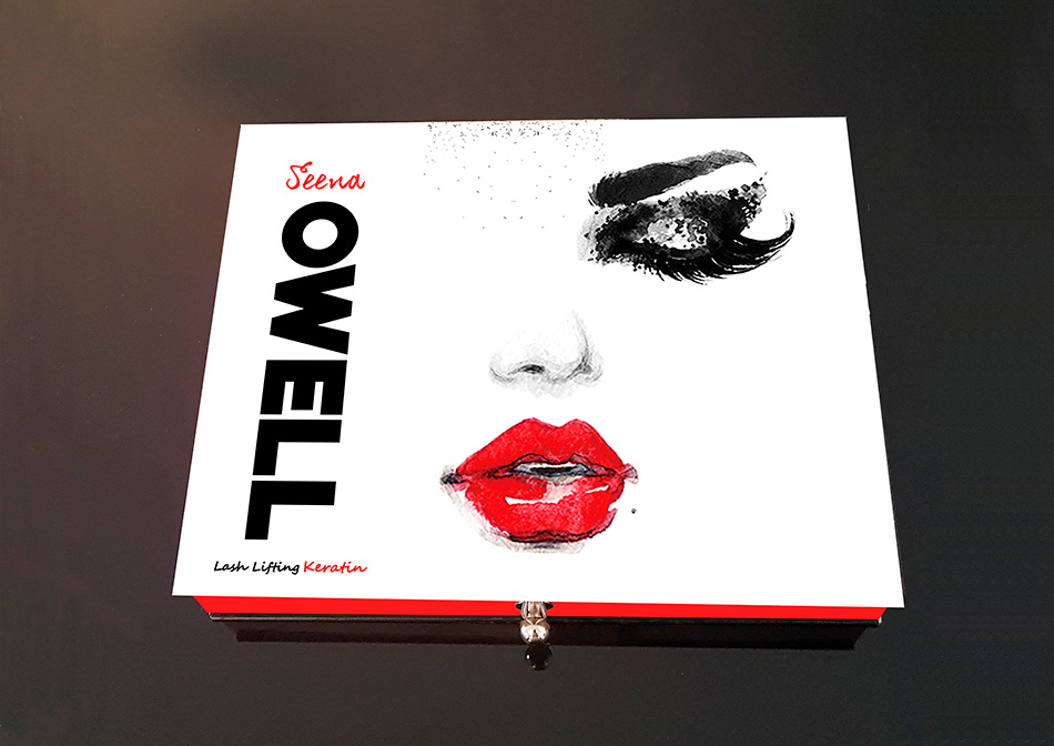 Identidad corporativa, diseño de imagen corporativa de la marca Seena Owell, diseño de packaging, caja Lash Lifting Keratin vista 1