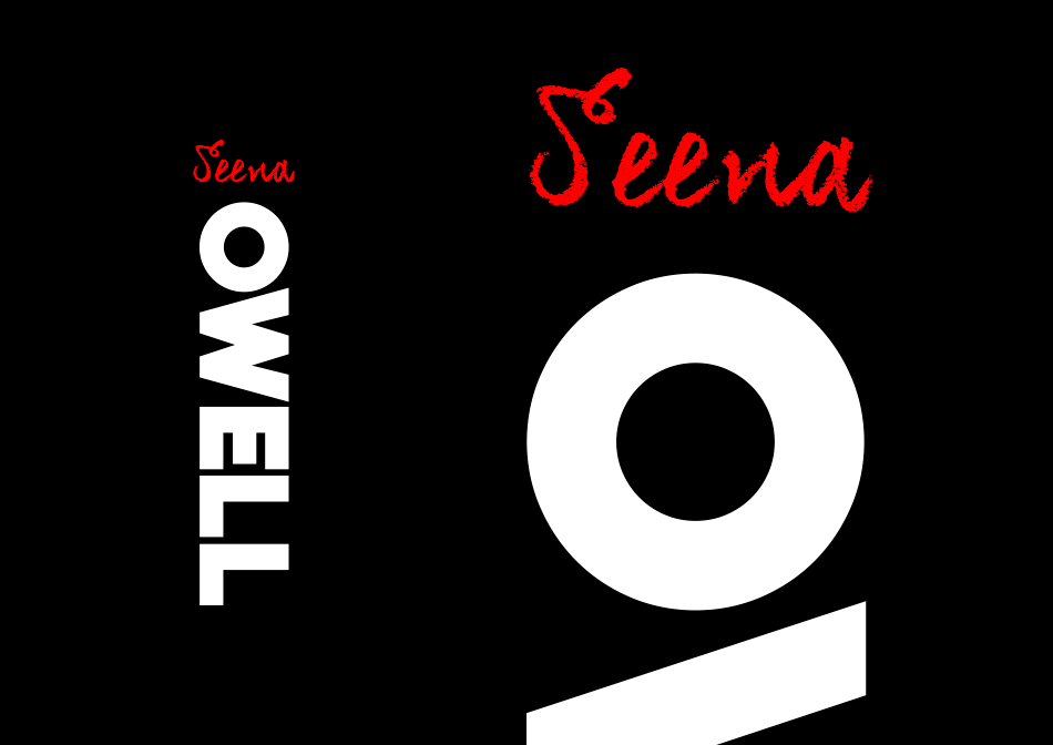 Identidad corporativa, diseño del logotipo de la marca Seena Owell en versiÃ³n vertical sobre fondo negro imagen corporativa de la marca seena owell