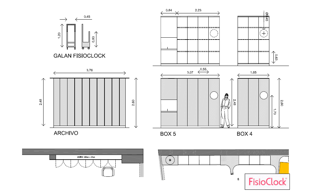 Proyecto de arquitectura corporativa FisioClock, medidas boxes y diseño gráfico, diseño de producto Galán FisioClock
