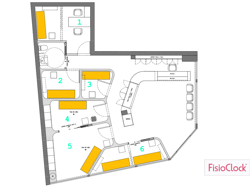Proyecto de diseño de espacios y sectores de tienda punto de venta arquitectura corporativa centros FisioClock