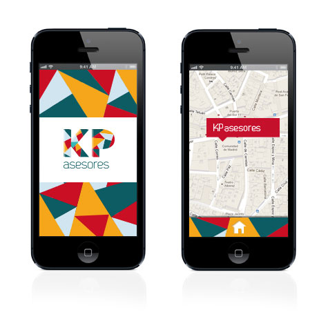 Aplicación de la imagen corporativa de KP asesores en dispositivos móviles.