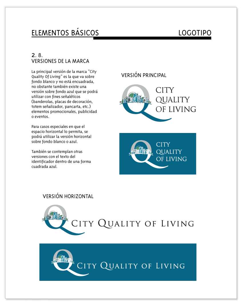 Imagen muestra de la página de creación del logotipo del manual de identidad corporativa CITY QUALITY OF LIVING, página 2