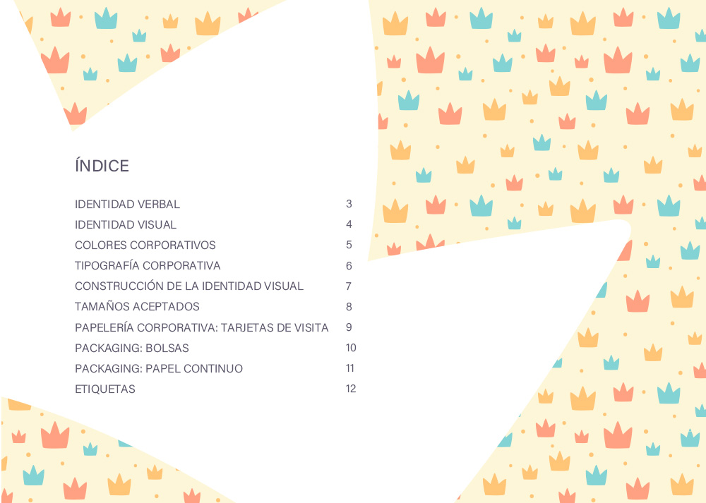 Página índice de contenidos del Manual de Identidad Corporativa Petit Abú, marca creada y desarrollada en el estudio de diseño LN
