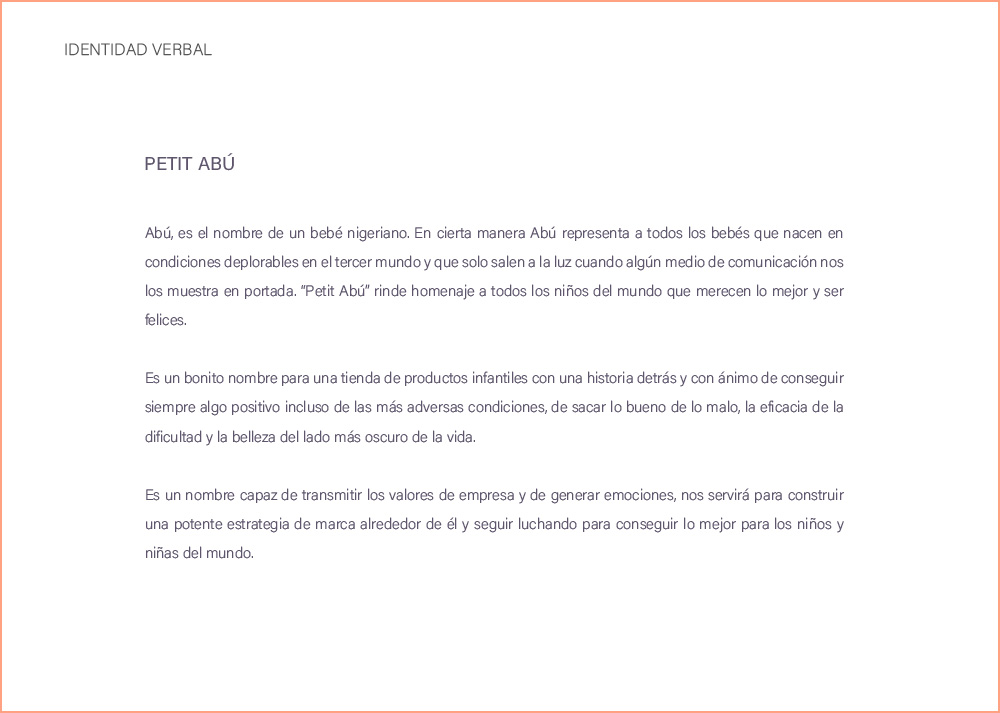 Página identidad verbal (naming) del Manual de Identidad Corporativa Petit Abú, marca creada y desarrollada en el estudio de diseño LN
