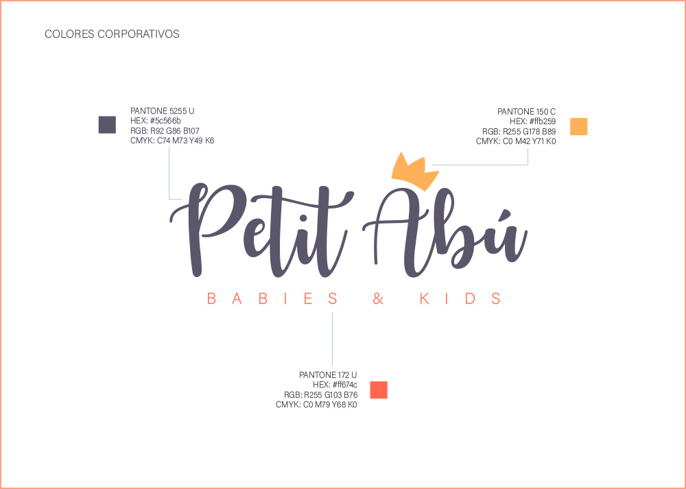 Página Colores Corporativos del Manual de Identidad Corporativa Petit Abú, marca creada y desarrollada en el estudio de diseño LN