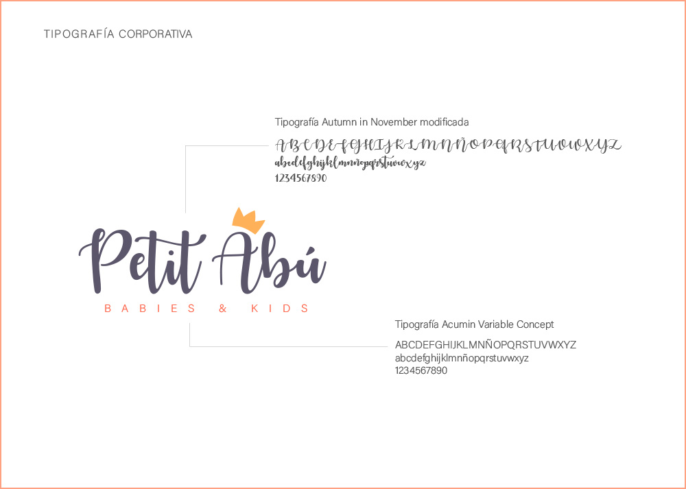 Página Tipografía Corporativa del Manual de Identidad Corporativa Petit Abú, marca creada y desarrollada en el estudio de diseño LN