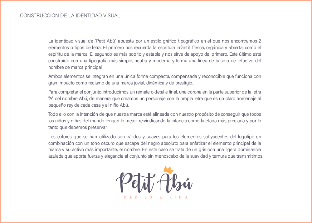 Página Construcción de la identidad visual del Manual de Identidad Corporativa Petit Abú, marca creada y desarrollada en el estudio de diseño LN