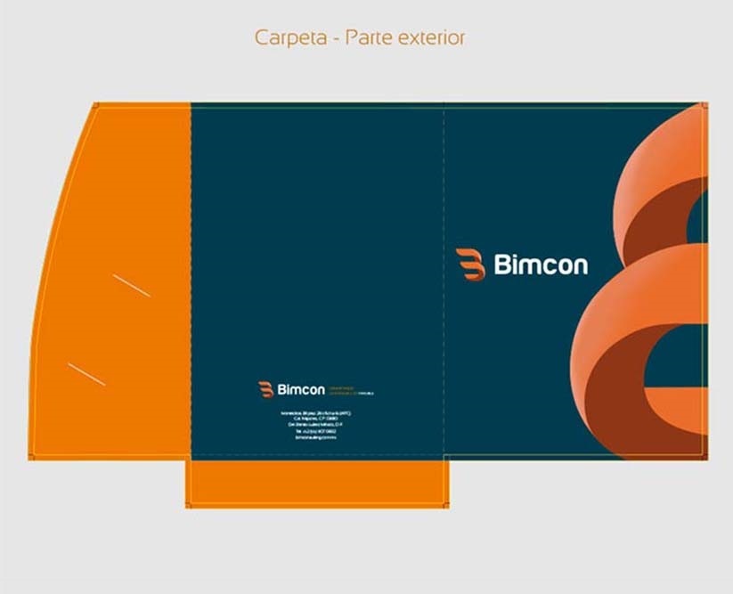 Diseño de carpeta corporativa Bimcon, como parte del proyecto de papelería corporativa, branding global o proyecto de imagen corporativa
