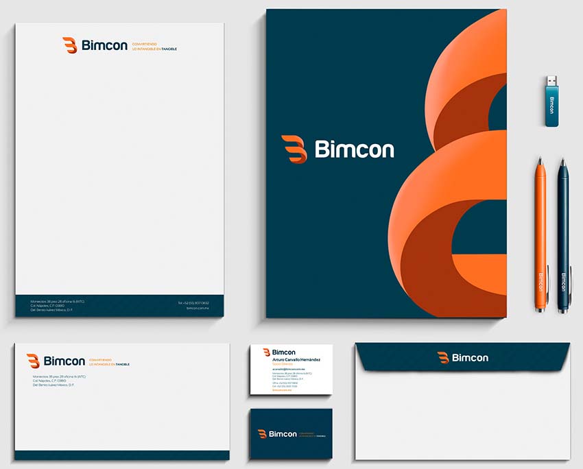 Diseño de la papelería corporativa de Bimcon, como parte del proyecto de branding global o proyecto de imagen corporativa