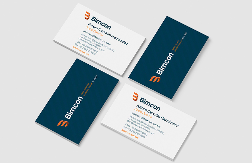 Diseño de las tarjetas de visita corporativas de Bimcon, como parte del proyecto de papelería corporativa, branding global o proyecto de imagen corporativa