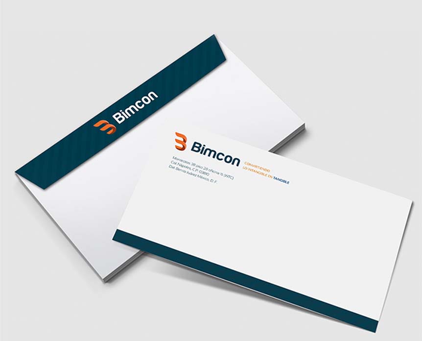 Diseño de los sobres corporativos de Bimcon, como parte del proyecto de papelería corporativa, branding global o proyecto de imagen corporativa