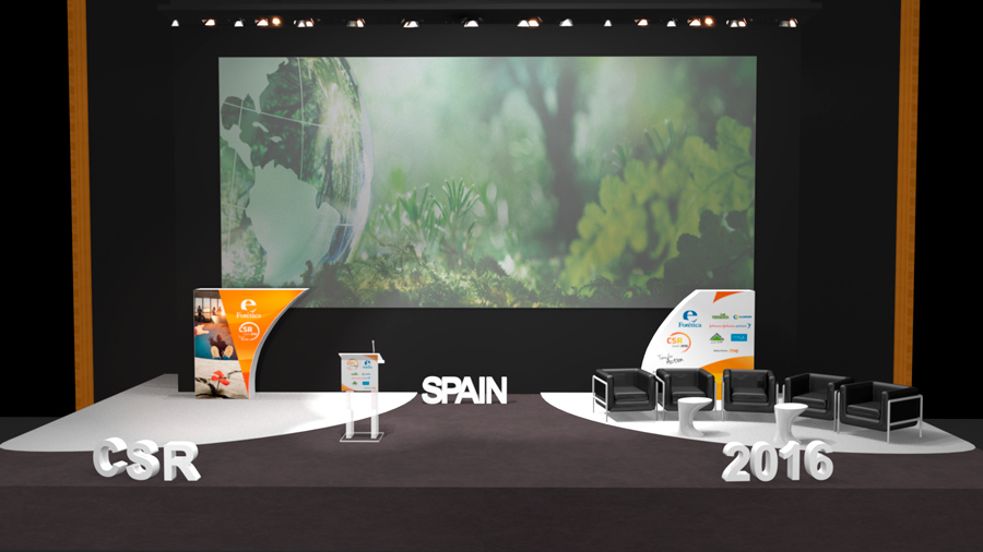 Proyecto de branding imagen corporativa evento CSR SPAIN 2016 organizado por Forética diseño de escenario en 3D, vista 1