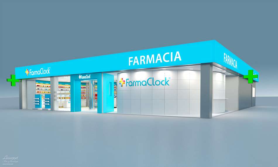 Trabajo de arquitectura corporativa, diseño de fachada exterior abierta del proyecto de branding para FarmaClock 