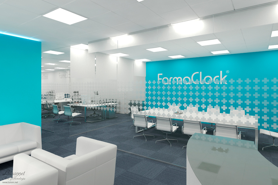 Imagen virtual render 3D del diseño de imagen corporativa de las oficinas FarmaClock