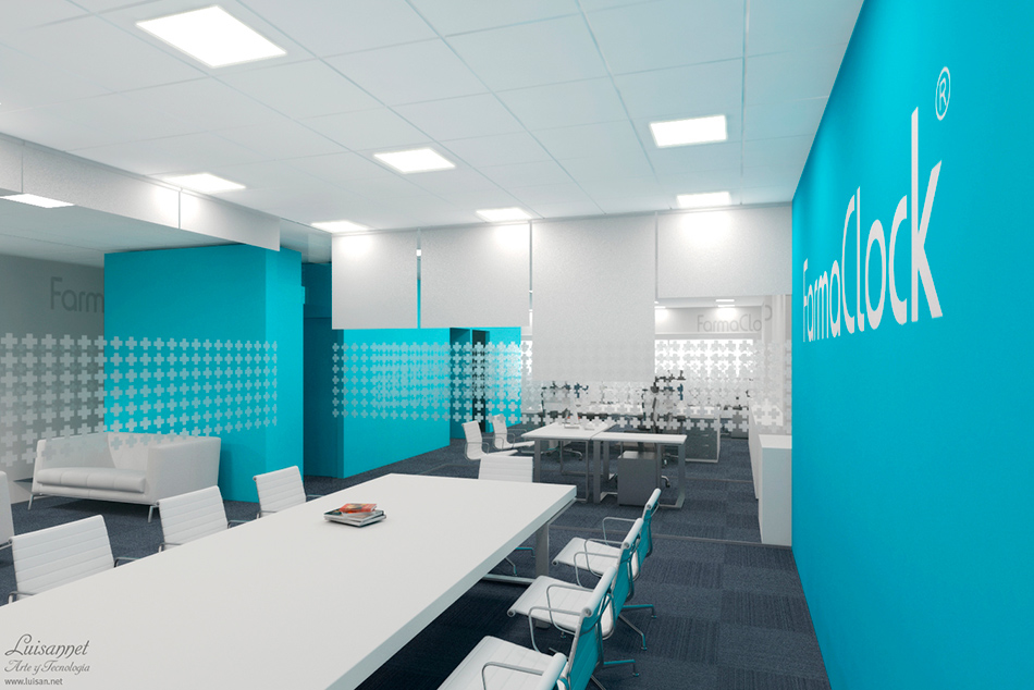 Imagen virtual render 3D diseño de interior de sede corporativa oficinas FarmaClock