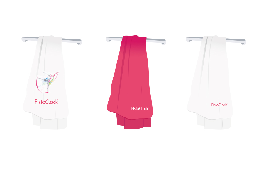 Ejemplo del proyecto de desarrollo de branding e imagen corporativa realizado para FisioClock en el estudio de diseño gráfico e identidad corporativa LN Creatividad y Tecnología, diseño de vestuario, toallas.