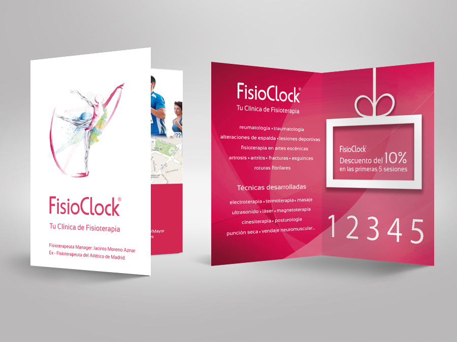 Diseño de folletos y dípticos corporativos FisioClock.