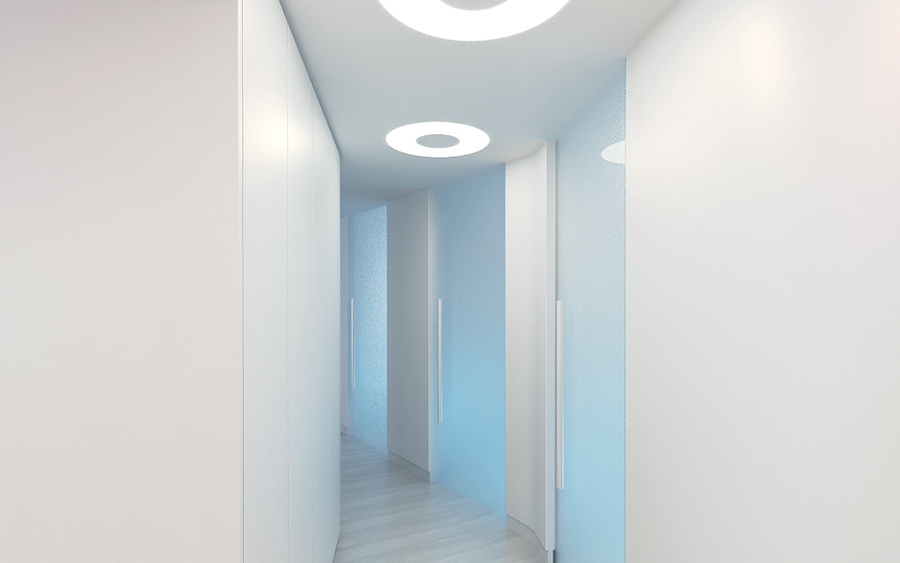 Imagen en 3D del pasillo de acceso a cabinas del proyecto de branding y desarrollo de imagen corporativa realizado para FisioClock en el estudio de diseño gráfico e identidad corporativa LN Creatividad y Tecnología.