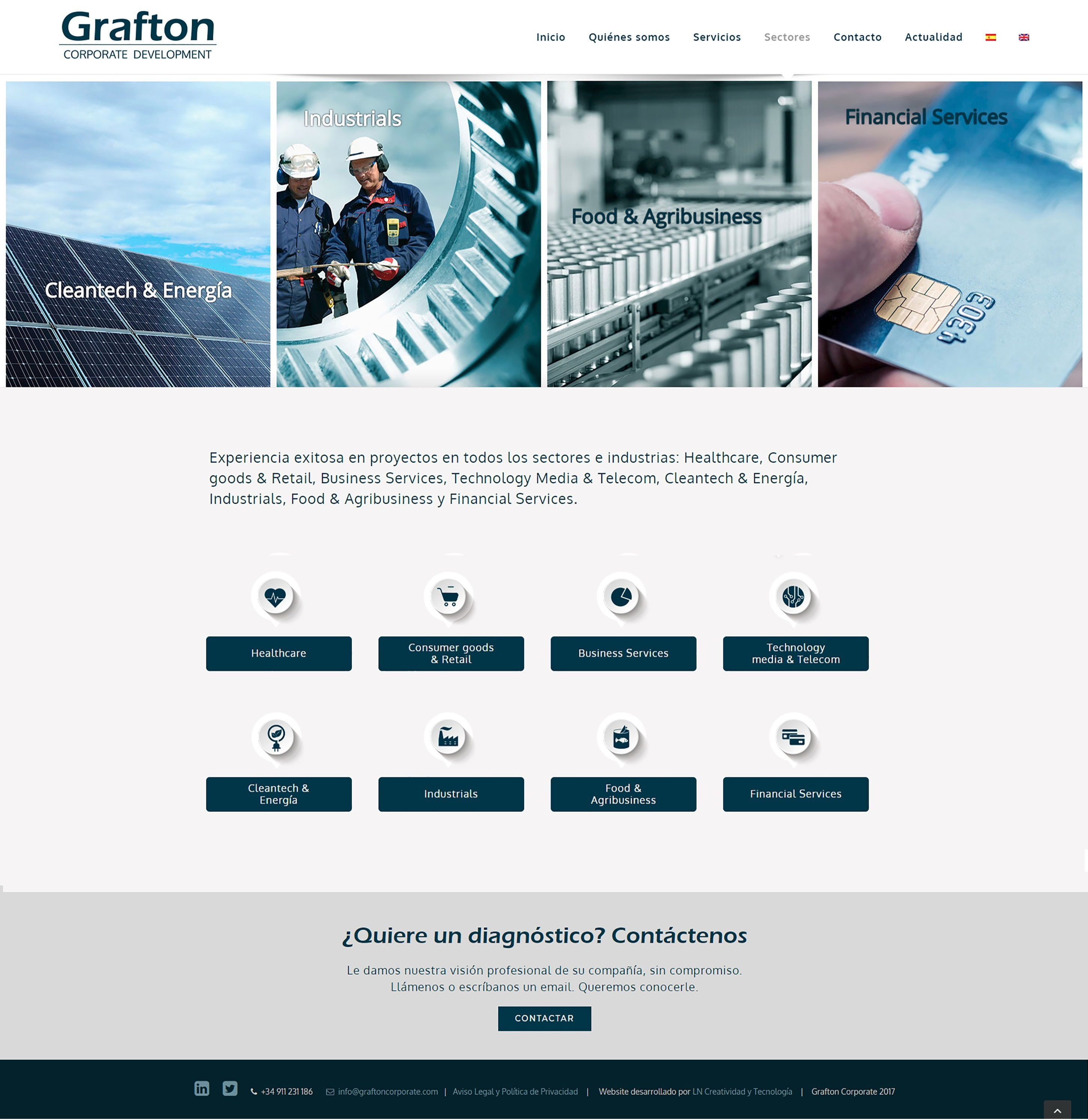 Proyecto de diseño web para la empresa grafton.Captura de la web sectores