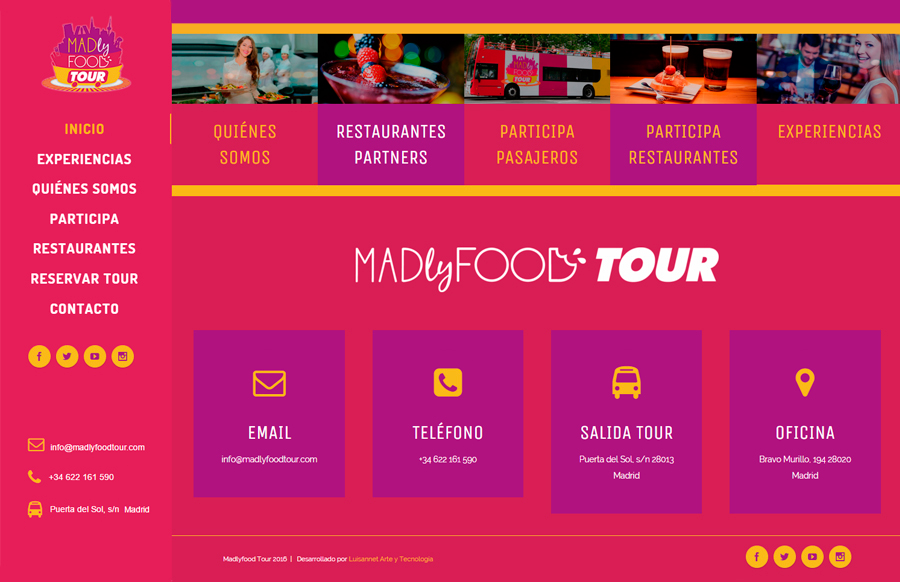 Imagen corporativa, diseño de la identidad visual de Madlyfood Tour realizada en el estudio de diseño gráfico, identidad corporativa y  branding LN Creatividad y Tecnología. Diseño de página web corporativa, pantalla 1.