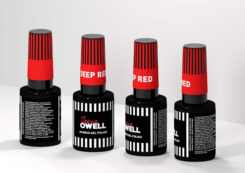 Identidad corporativa, diseño de imagen corporativa de la marca Seena Owell, diseño de packaging, diseño de frascos de esmalte de uñas